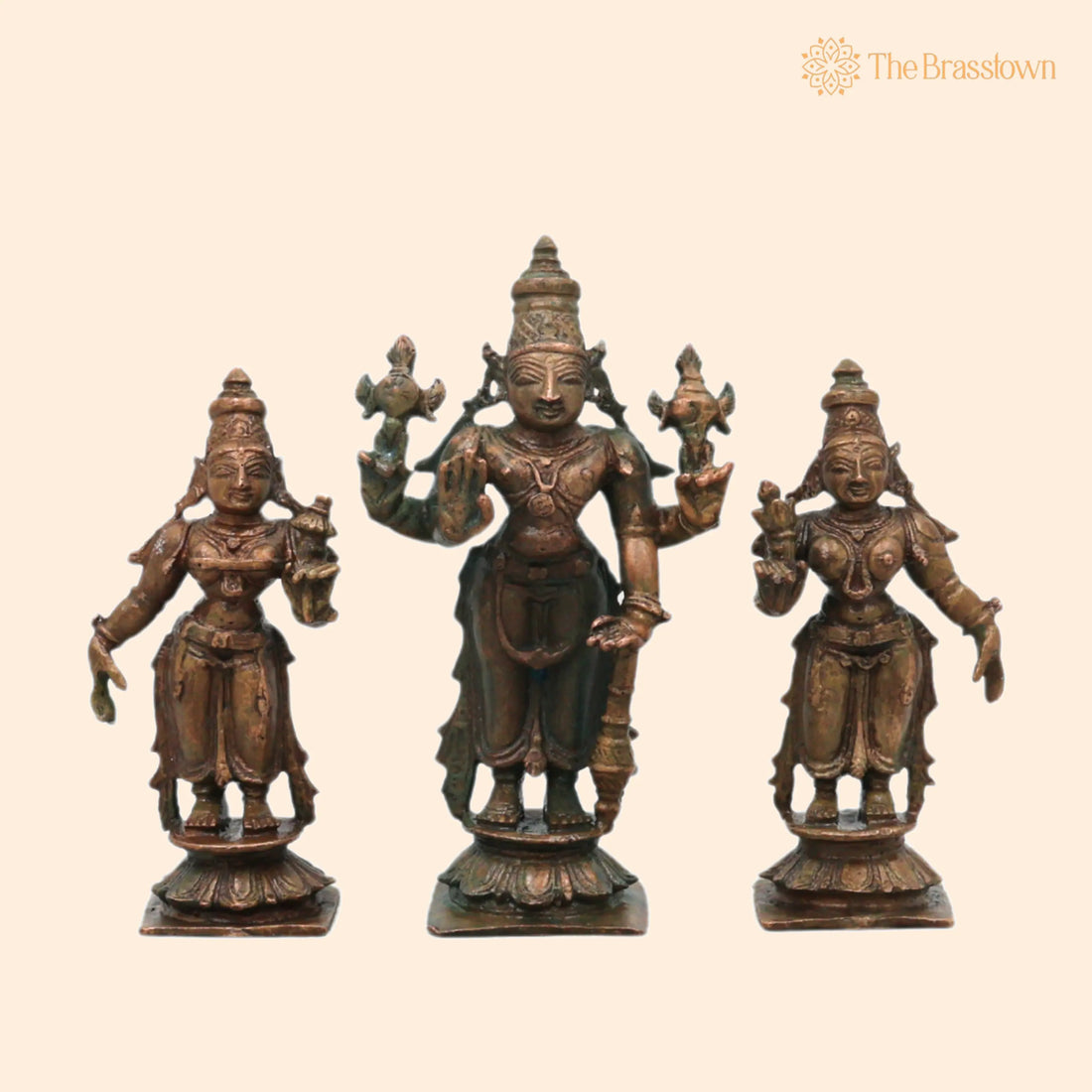 Bronze Sriman Narayana Vishnu Sri Devi Bhu Devi Murti – in Antique Finish for Pooja, Home Décor &amp; Gifting, Handcrafted Chola Idol 4 Inch 1