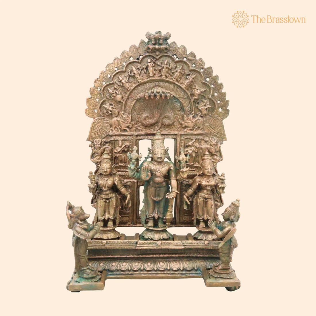 Bronze Vishnu Sri Devi Bhu Devi Hanuman Garuda Idol – with Prabhavali Peedamin Antique Finish, Handcrafted Chola Pooja Décor Gift 8.5 Inch 1