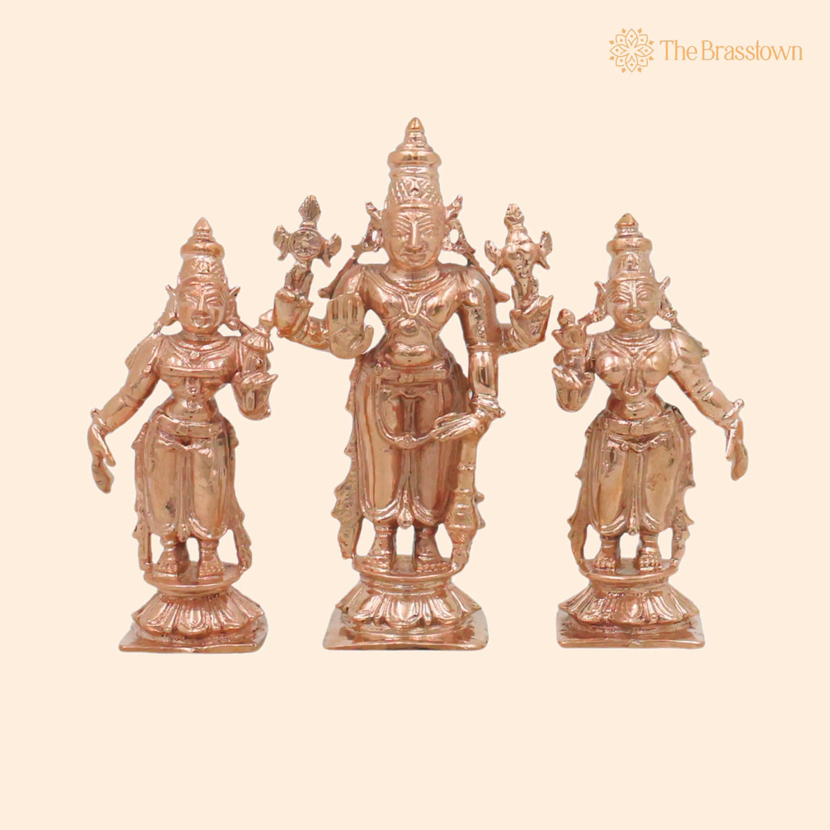 Bronze Sriman Narayana Vishnu Sri Devi Bhu Devi Murti for Pooja, Home Décor &amp; Gifting, Handcrafted Chola Idol 4 Inch 1