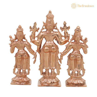 Bronze Sriman Narayana Vishnu Sri Devi Bhu Devi Murti for Pooja, Home Décor &amp; Gifting, Handcrafted Chola Idol 4 Inch 4