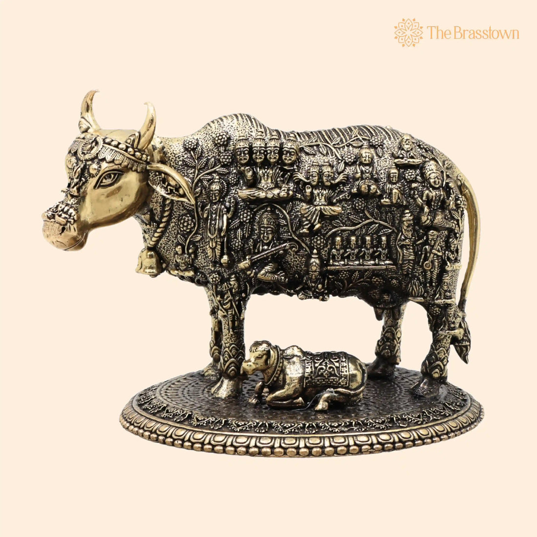 Brass Kamdhenu Cow Idol – Handcrafted Kamadhenu Statue, Gau Mata Murti, Sacred Cow Sculpture for Pooja, Vastu &amp; Home Décor 4 Inch 1