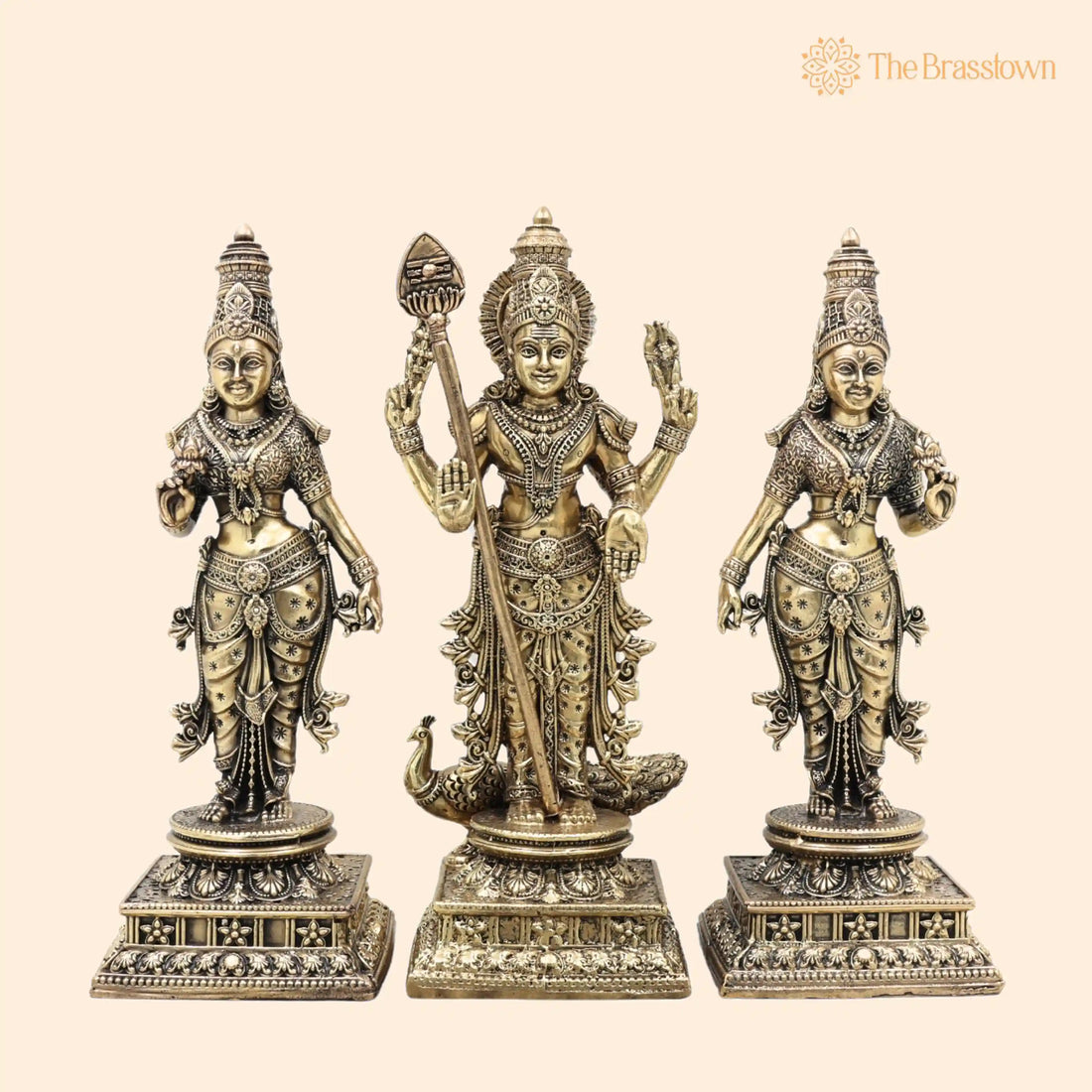 Brass Murugan Valli Devasena Idol – Kartikeya Subramanya Handcrafted Statue for Pooja, Home Décor &amp; Gifting 8.5 Inch 1