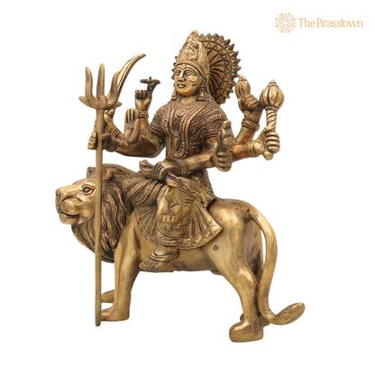 Brass Durga Devi Idol – Handcrafted Mahishasura Mardini, Simhavahini Adi Shakti Murti, Peetal Shakti Statue for Pooja, Home Temple &amp; Décor 10 Inch 3