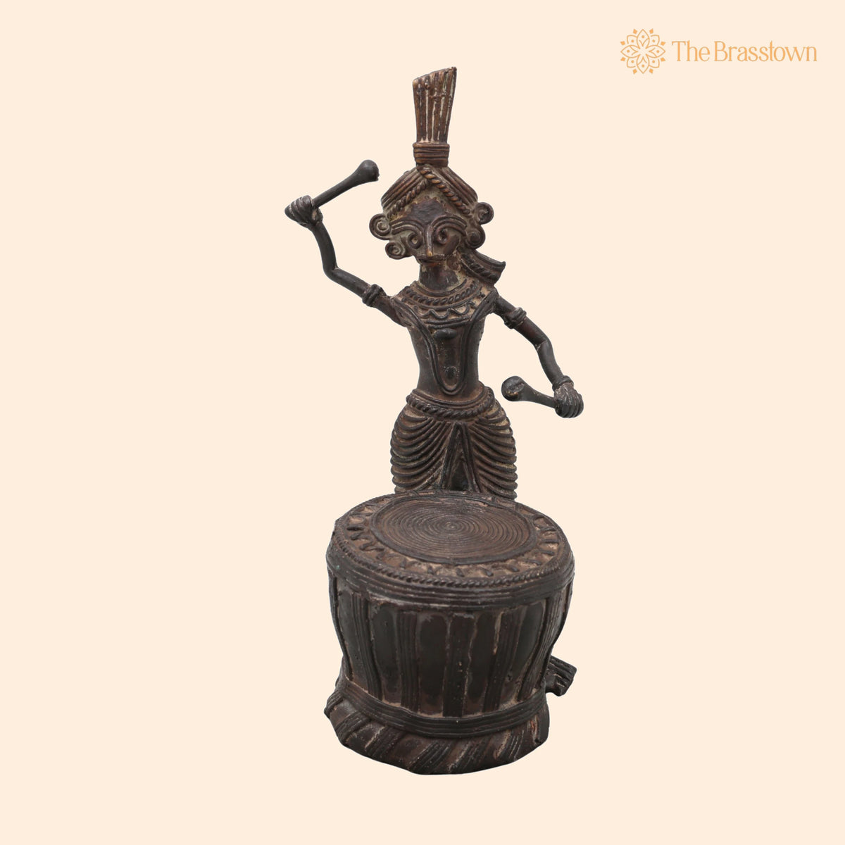 Brass Dhokra Man with Drum Sculpture – Handcrafted Bastar Tribal Art for Home Décor &amp; Gifting 7 Inch 1