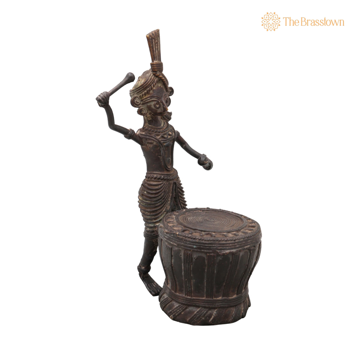 Brass Dhokra Man with Drum Sculpture – Handcrafted Bastar Tribal Art for Home Décor &amp; Gifting 7 Inch 2