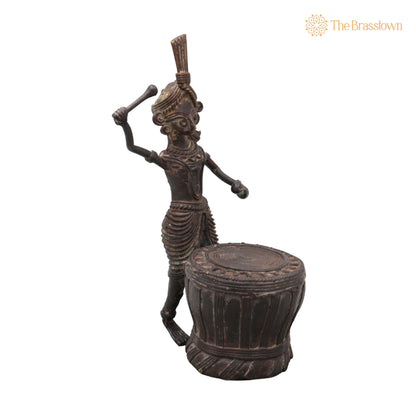 Brass Dhokra Man with Drum Sculpture – Handcrafted Bastar Tribal Art for Home Décor &amp; Gifting 7 Inch 2