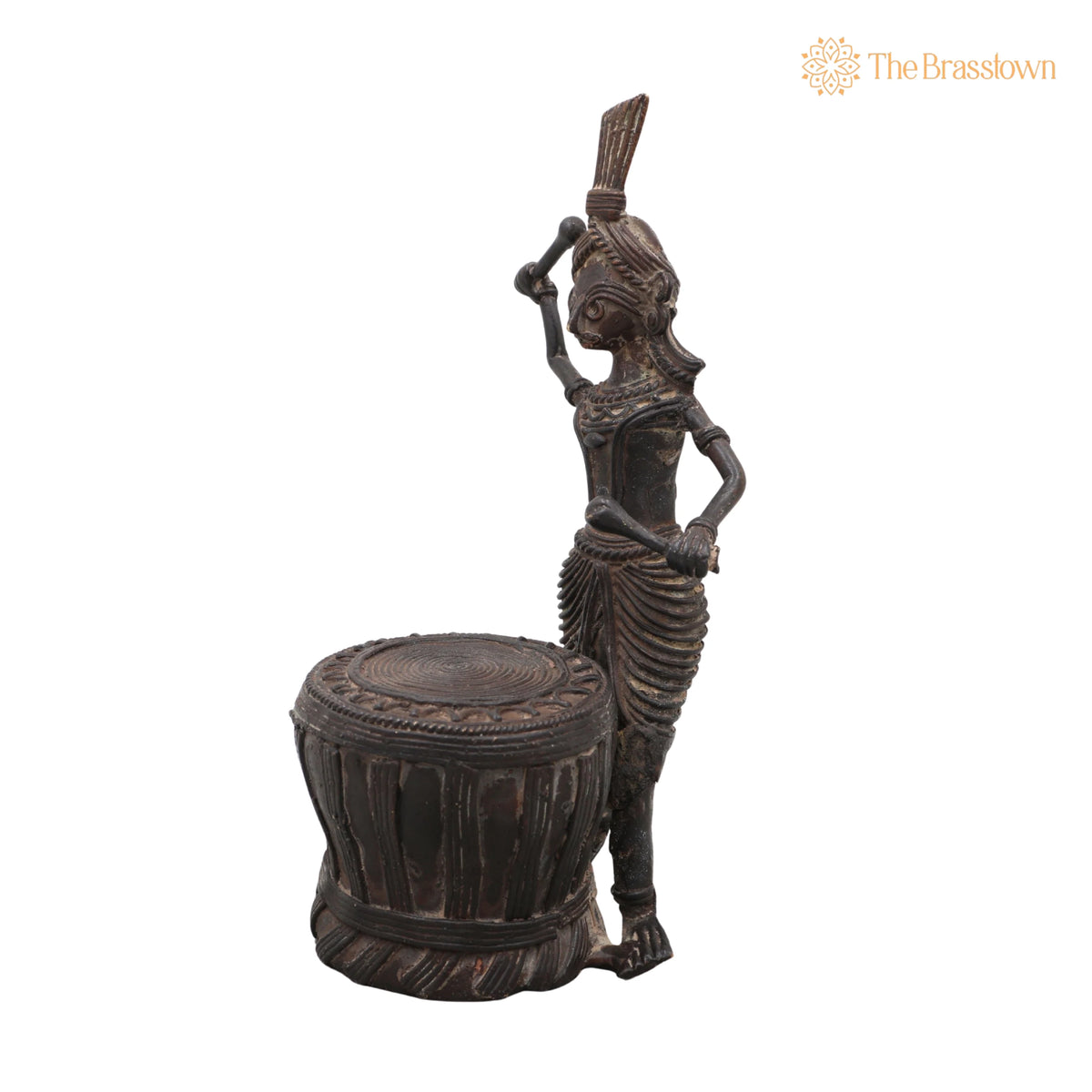 Brass Dhokra Man with Drum Sculpture – Handcrafted Bastar Tribal Art for Home Décor &amp; Gifting 7 Inch 3
