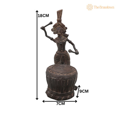 Brass Dhokra Man with Drum Sculpture – Handcrafted Bastar Tribal Art for Home Décor &amp; Gifting 7 Inch 5