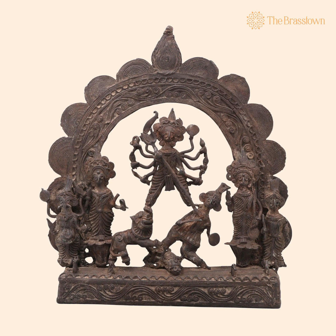 Brass Durga Sculpture – Handcrafted Dasahara Scene, Bastar Tribal Art for Home Décor &amp; Gifting 11 Inch 1