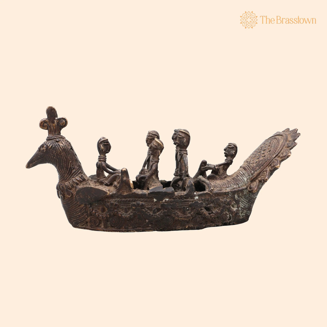 Brass Boat Sculpture with Tribal People – Handcrafted Compact for Home Décor &amp; Gifting 3.5 Inch 1