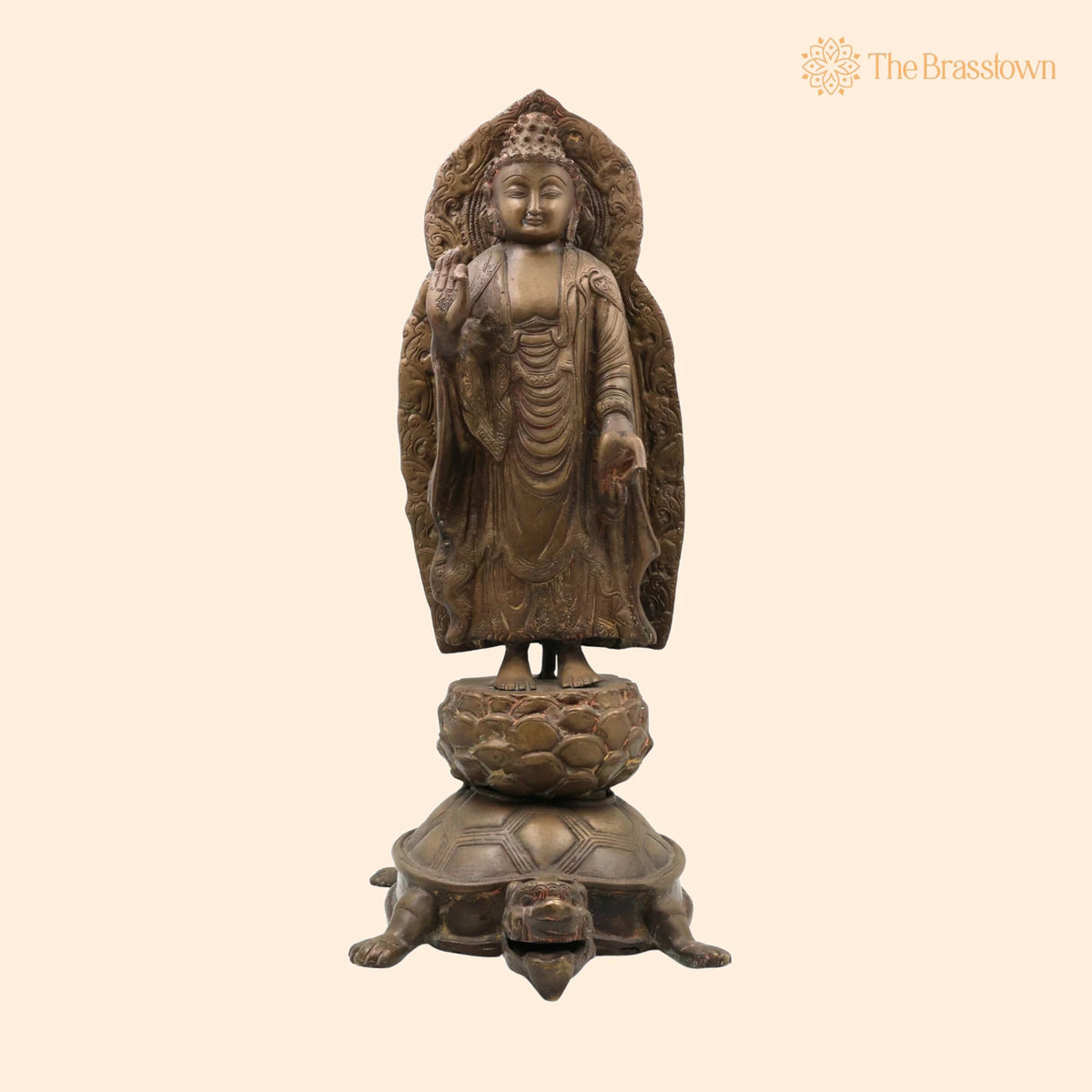 Brass Standing Buddha on Tortoise Idol – Handcrafted Buddha Murti Statue Vigraha Pratima Moorthi Sculpture for Puja, Home Mandir &amp; Décor 19 Inch 1