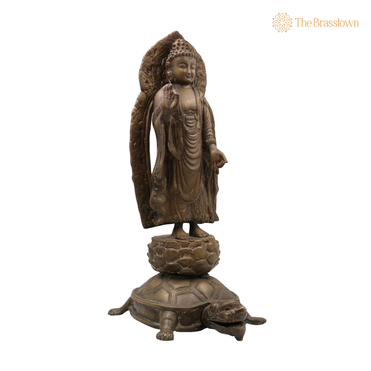 Brass Standing Buddha on Tortoise Idol – Handcrafted Buddha Murti Statue Vigraha Pratima Moorthi Sculpture for Puja, Home Mandir &amp; Décor 19 Inch 2