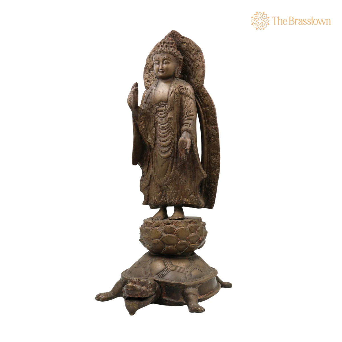 Brass Standing Buddha on Tortoise Idol – Handcrafted Buddha Murti Statue Vigraha Pratima Moorthi Sculpture for Puja, Home Mandir &amp; Décor 19 Inch 3