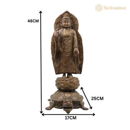 Brass Standing Buddha on Tortoise Idol – Handcrafted Buddha Murti Statue Vigraha Pratima Moorthi Sculpture for Puja, Home Mandir &amp; Décor 19 Inch 5