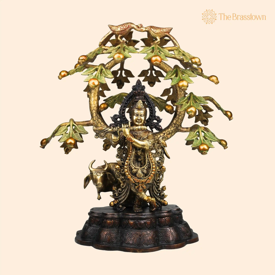 Brass Krishna Gopal Idol with Cow &amp; Tree – Handcrafted Krishna Murti for Pooja, Home Décor &amp; Gifting 21.5 Inch 1
