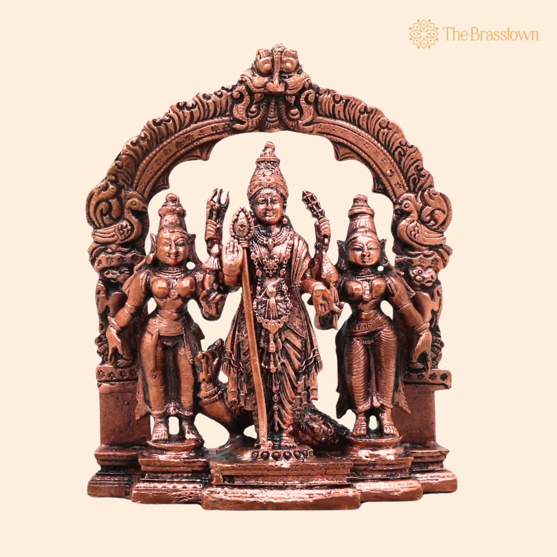 Copper Murugan with Valli Devsena Idol – Handcrafted Traditional Murti for Puja, Home Mandir &amp; Décor 4.5 Inch 1