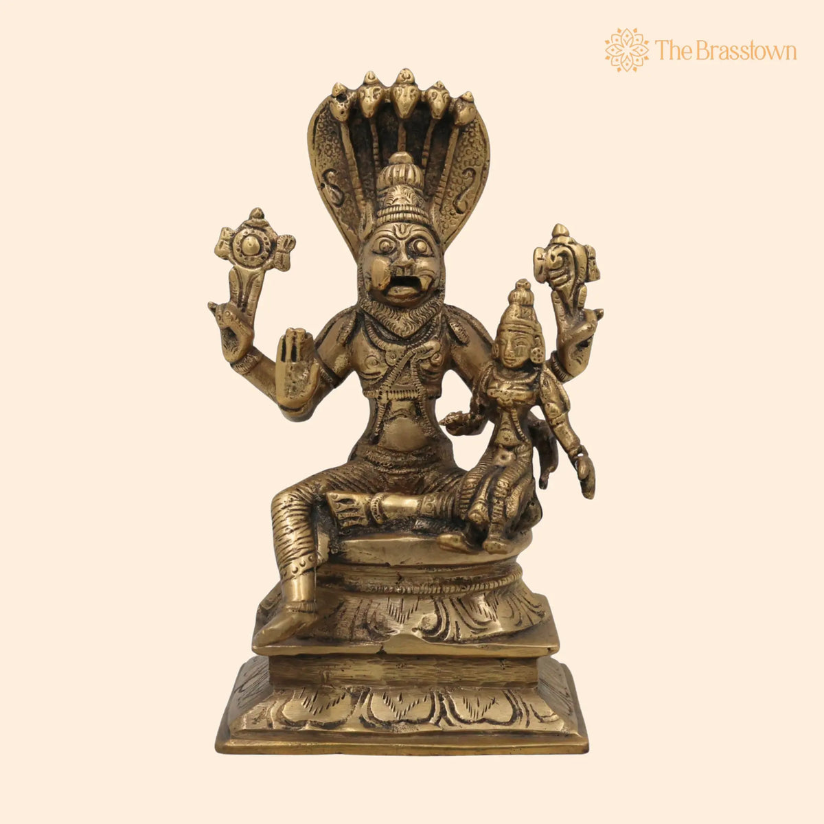 Brass Lakshmi Narasimha Idol – Handcrafted Laxmi Narasingh Ji Ki Murti, Narasingha Silai for Puja, Home Mandir &amp; Décor 7 Inch 1