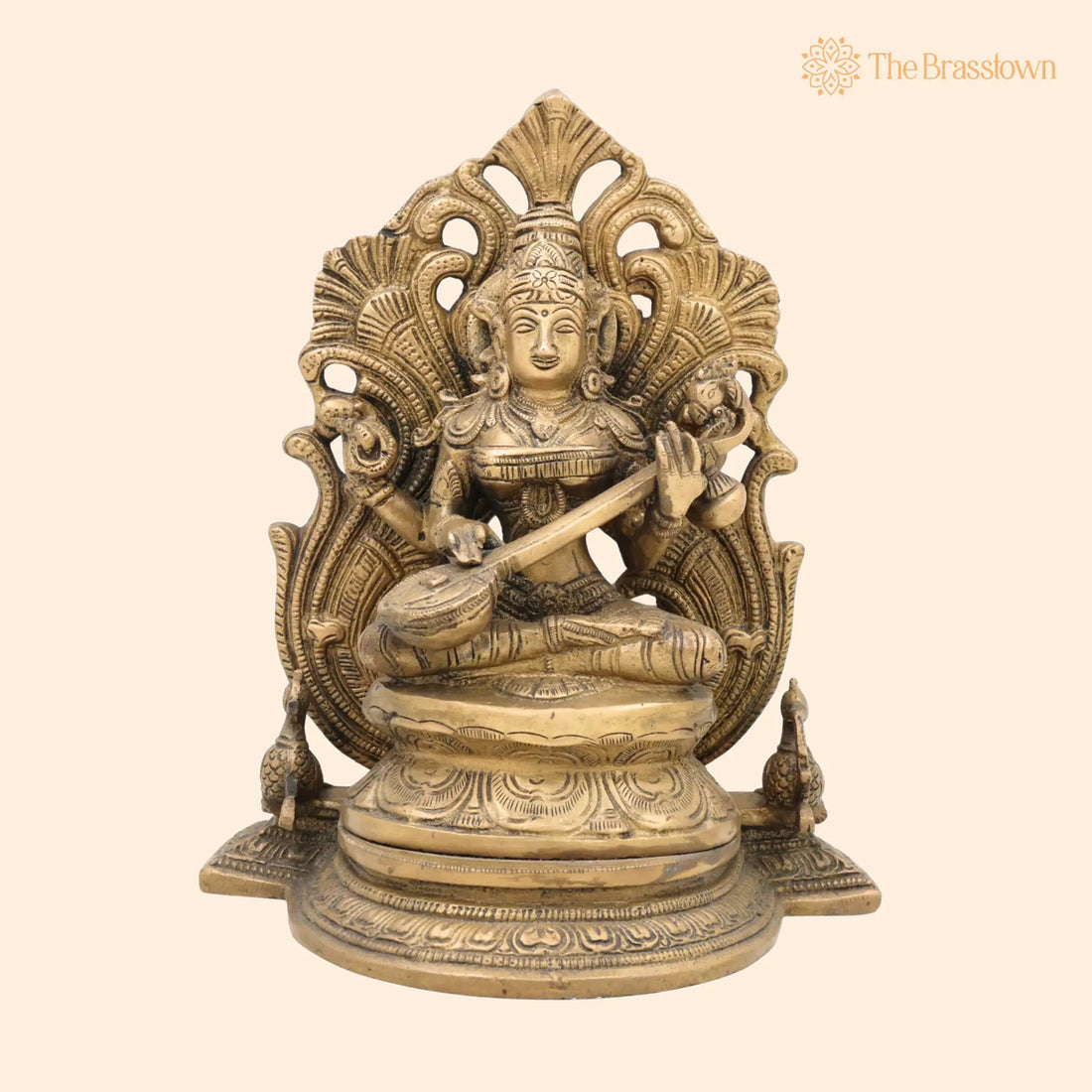 Brass Saraswati Idol – Handcrafted Vagdevi Veenapani Statue, Bharati Gayatri Saraswati Vigraha for Pooja Room, Home Décor &amp; Gifts 9.5 Inch 1