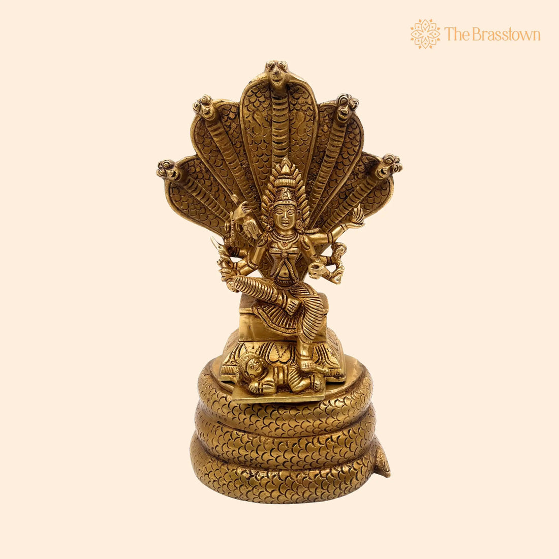 Brass Goddess Mariamman Idol on Sheshnag – Handcrafted Mariamma, Mariyammal, Maari Amman Murti, South Indian Temple Statue, Home Décor 10.5 Inch 1