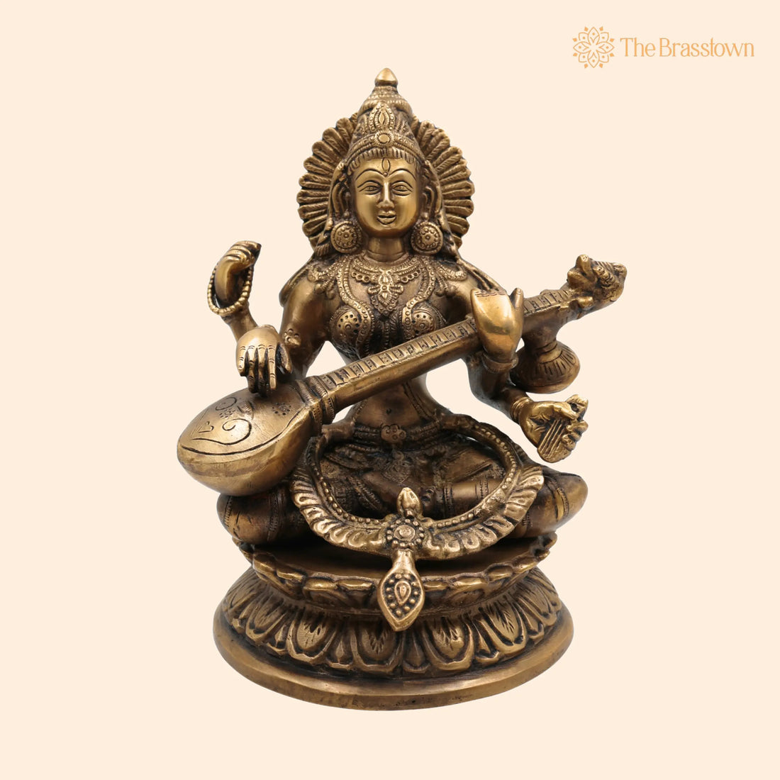 Brass Saraswati Idol – Handcrafted Maa Saraswati Murti, Sharada Statue, Vagdevi Vidya Devi Sculpture, Veena Pustak Dharini Idol 10 Inch 1