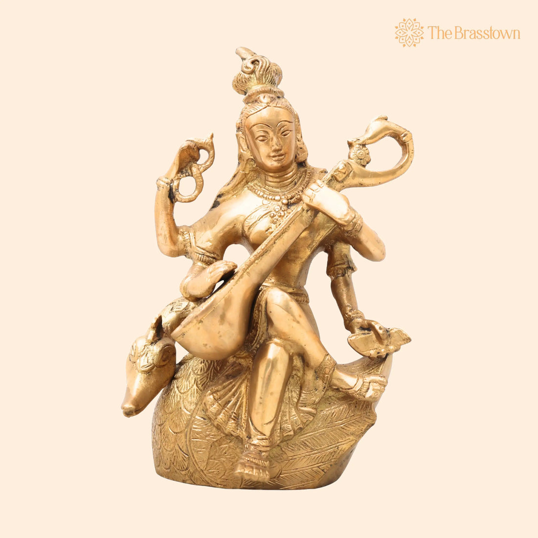 Brass Saraswati Idol – Peetal Vagdevi Sharada Devi Murti, Handmade Bharati Vani Statue for Pooja, Home &amp; Temple Décor 7.5 Inch 1
