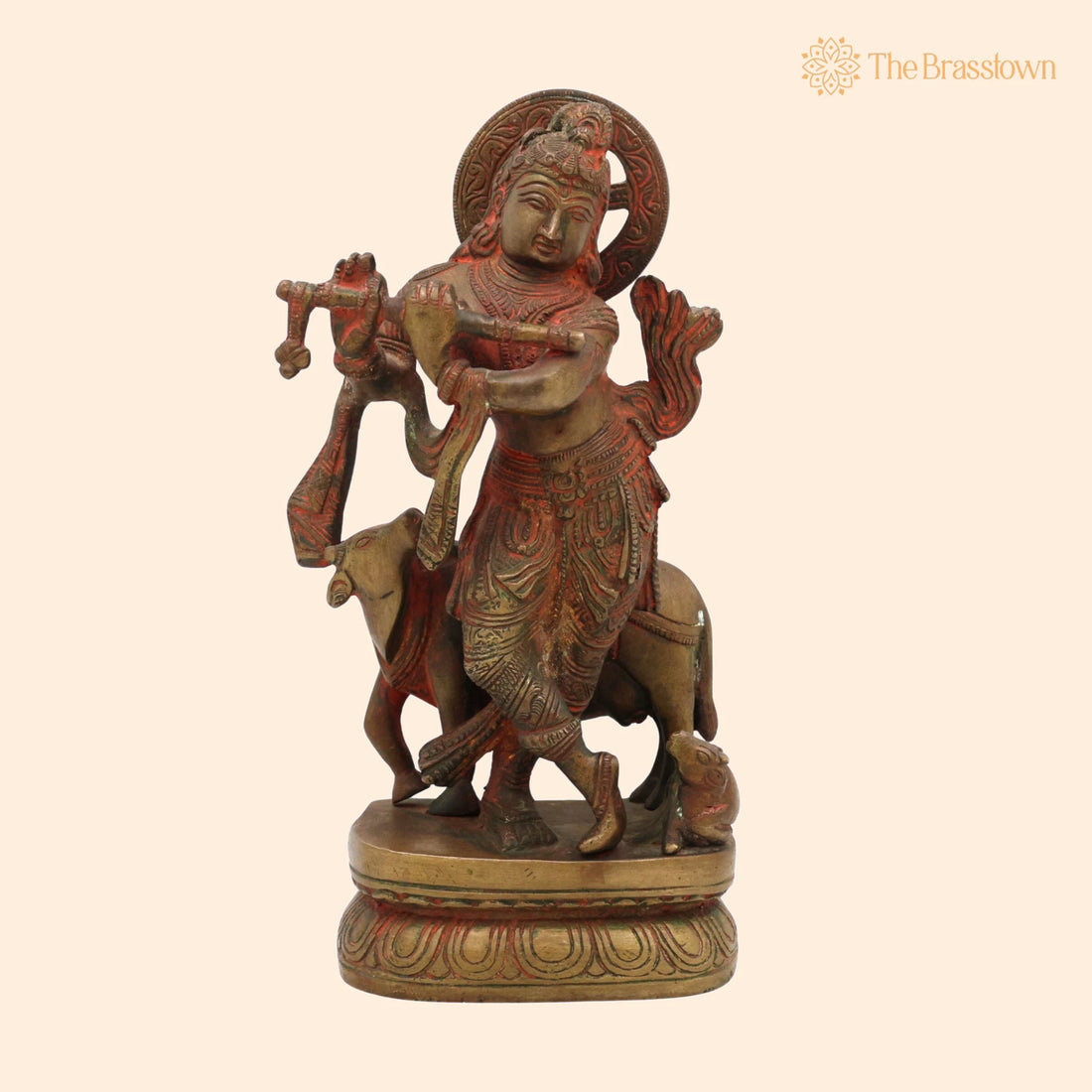 Brass Krishna with Cow Idol – Handcrafted Bal Gopal Govinda Murti, Peetal Kanhaiya Statue for Puja, Home Décor &amp; Gifts 8 Inch 1