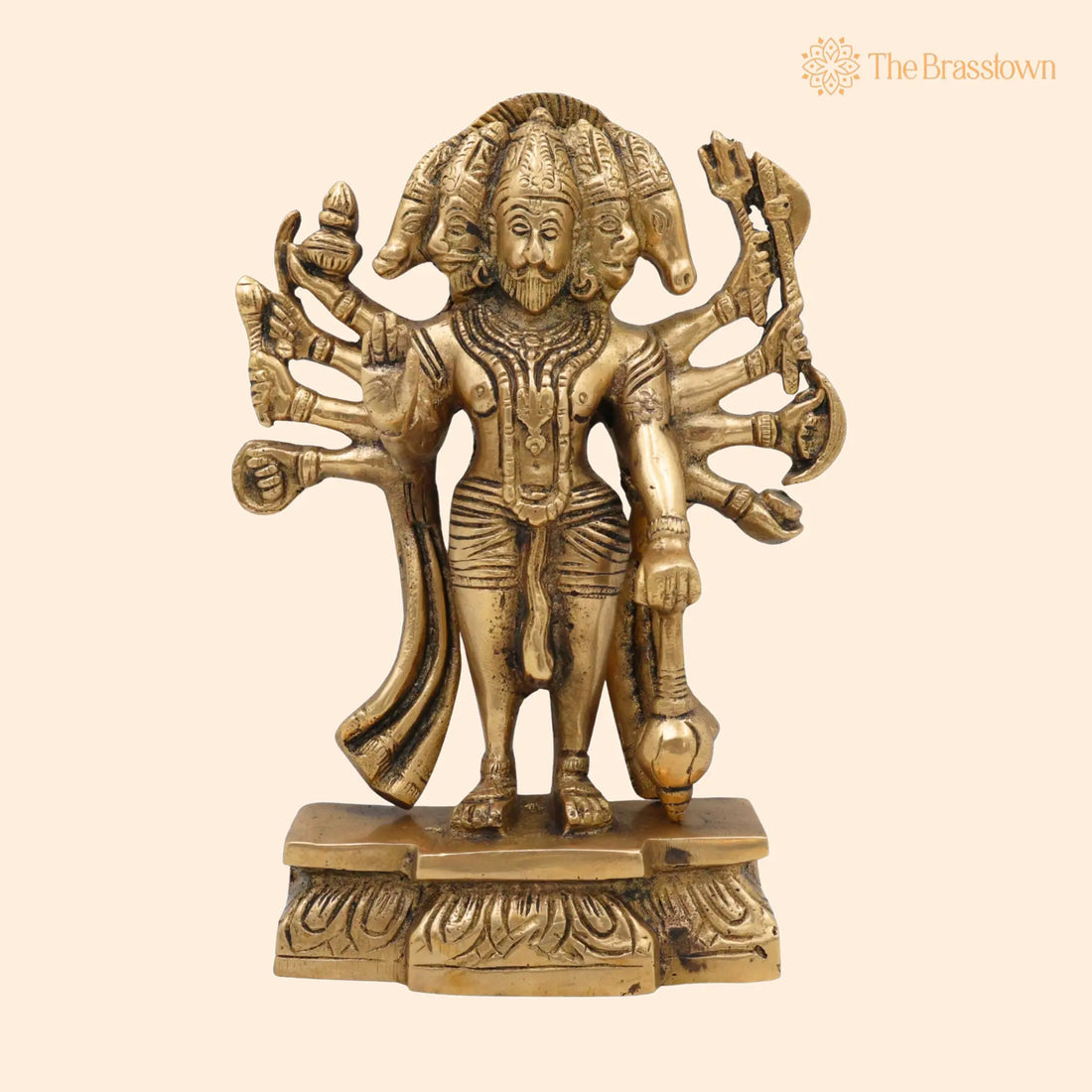 Panchmukhi Hanuman Brass Idol – Handcrafted Bajrang Bali Maruti Anjaneya Murti, Vastu Pooja Statue 8 Inch 1