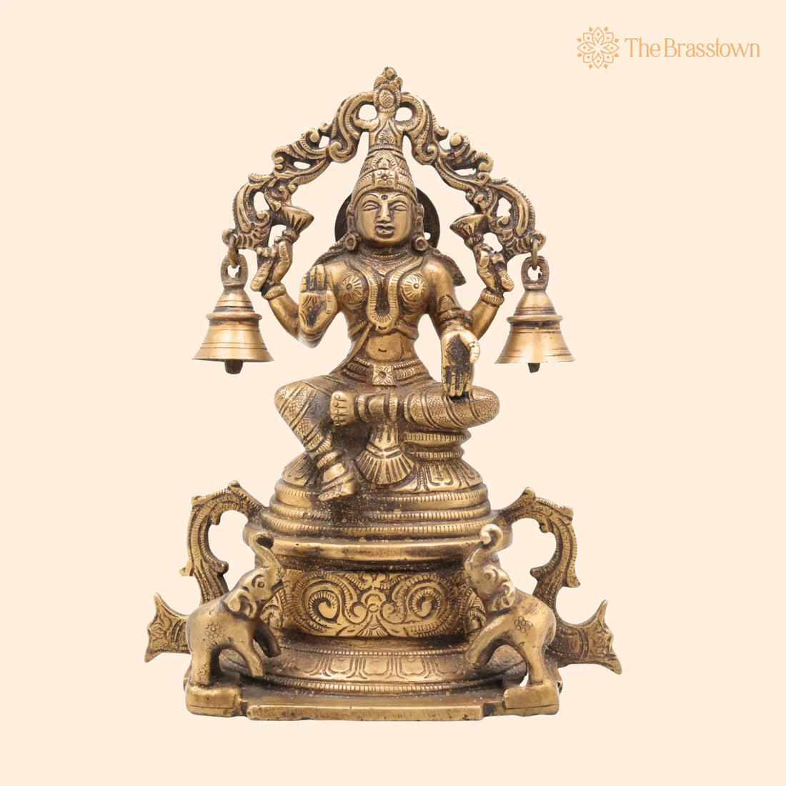 Handcrafted Brass Gaja Lakshmi Idol with Bellstyle Prabhavali – Mahalakshmi Kamala Devi Murti for Pooja, Temple &amp; Home Décor 8.5 Inch 1