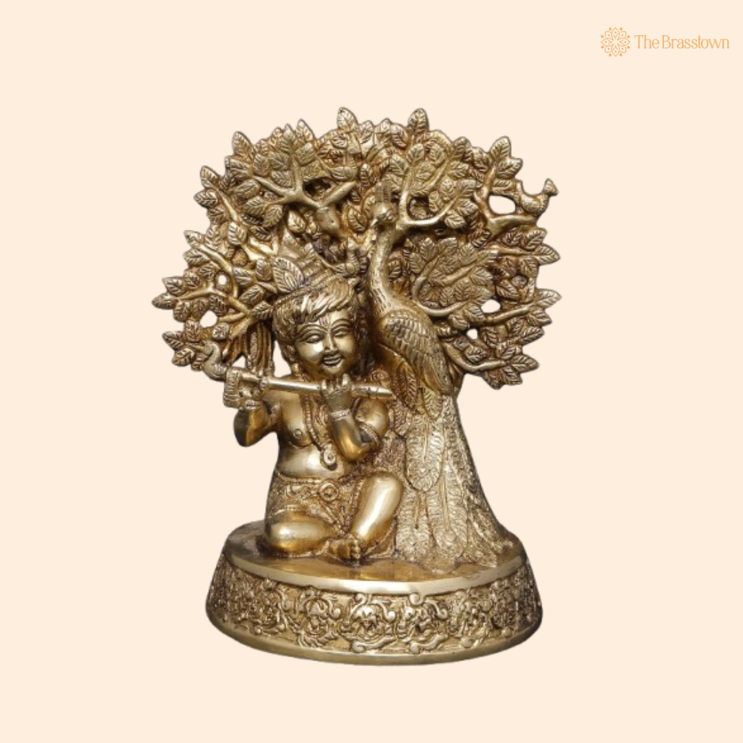 Brass Baby Krishna Playing Flute with Tree and Peacock Idol 8 Inch