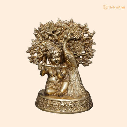 Brass Baby Krishna Playing Flute with Tree and Peacock Idol 8 Inch