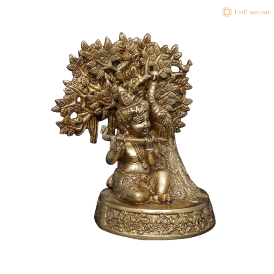 Brass Baby Krishna Playing Flute with Tree and Peacock Idol 8 Inch