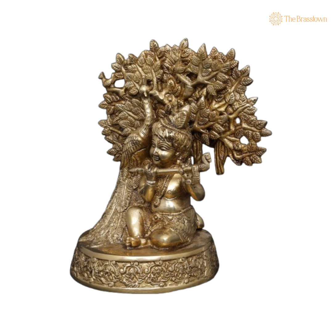 Brass Baby Krishna Playing Flute with Tree and Peacock Idol 8 Inch