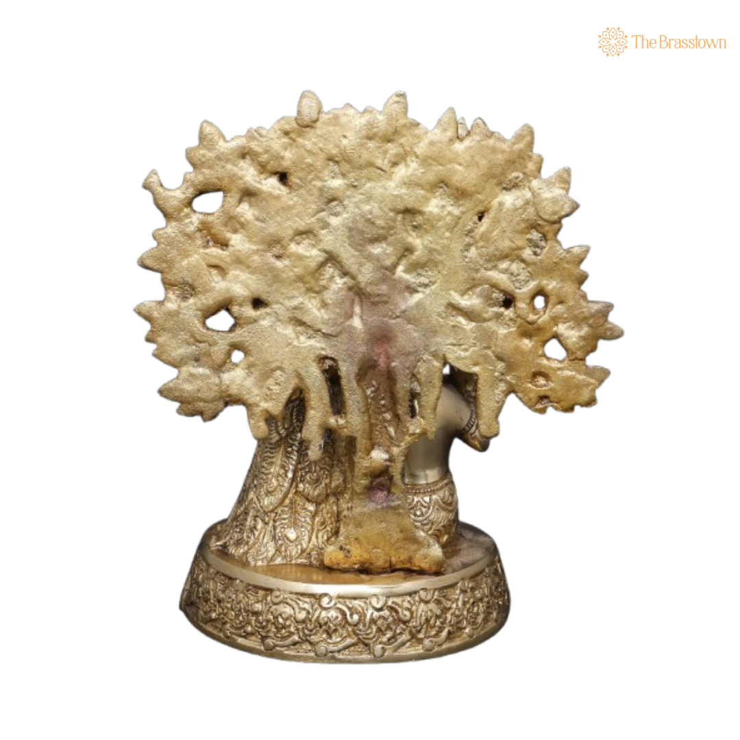 Brass Baby Krishna Playing Flute with Tree and Peacock Idol 8 Inch
