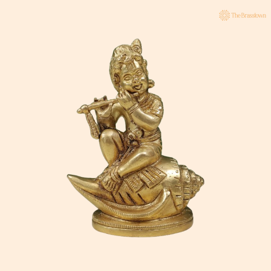 Brass Baby Krishna on Conch Idol 4 Inch