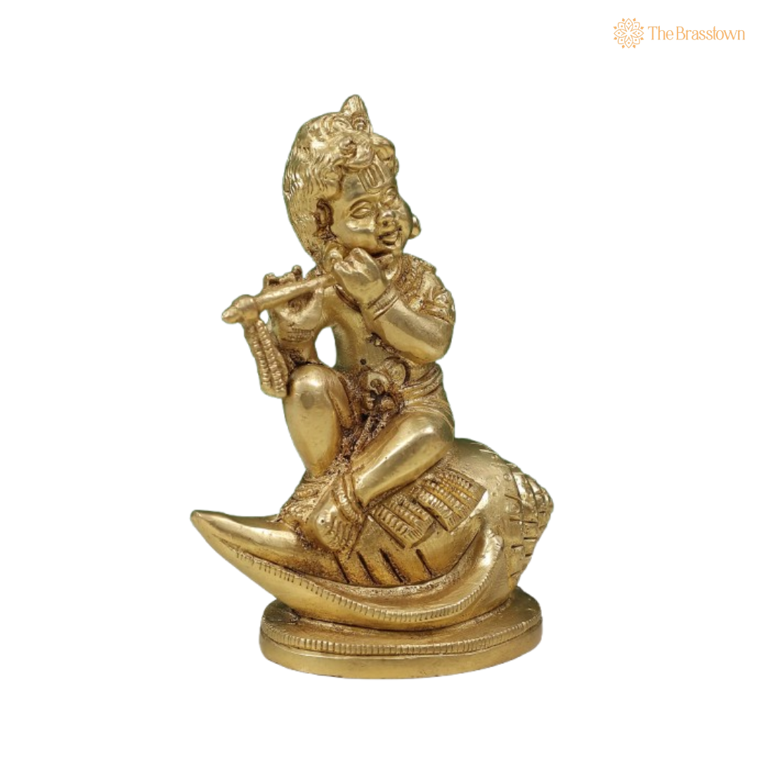 Brass Baby Krishna on Conch Idol 4 Inch