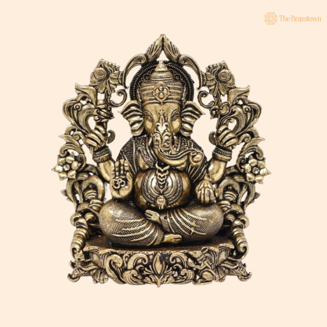 Brass Ganesha Idol with Floral Arch 4 Inch