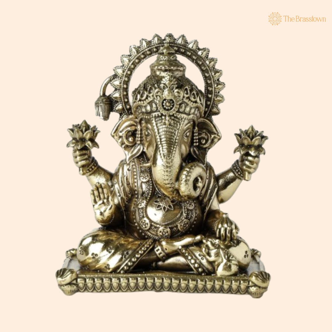 Brass Ganesha Idol with Lotus 4 Inch