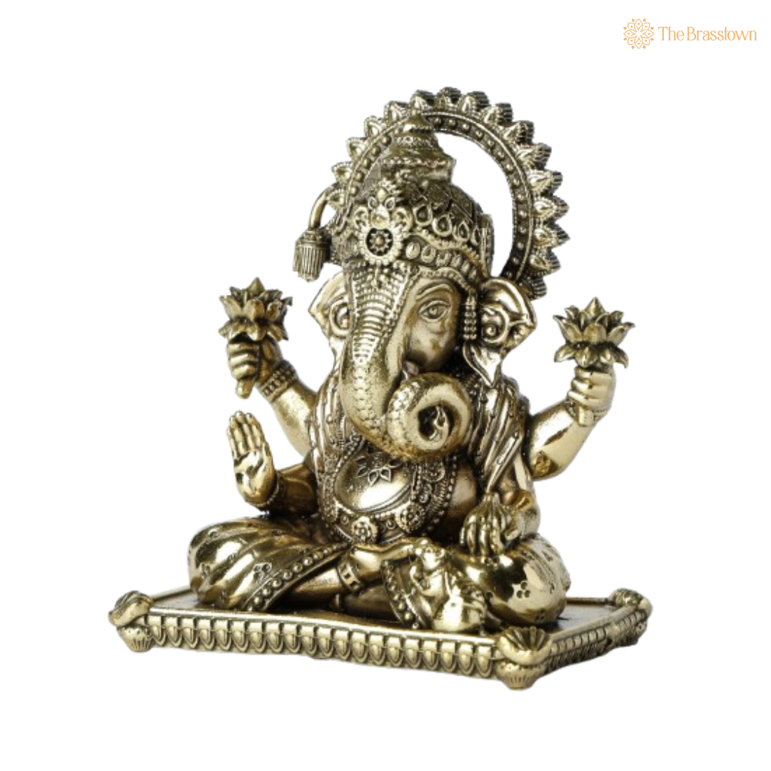 Brass Ganesha Idol with Lotus 4 Inch