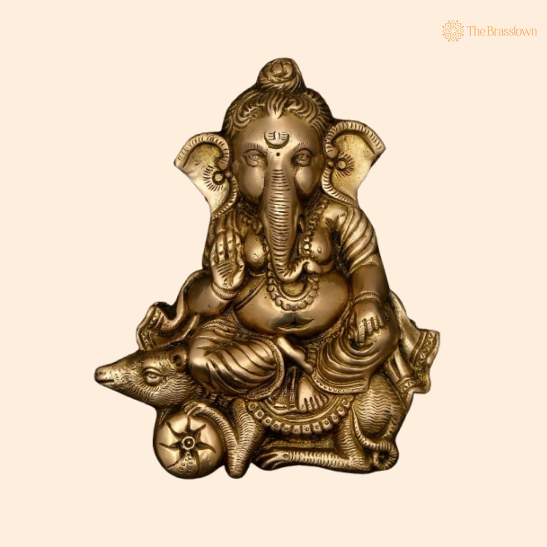 Brass Ganesha Idol with Mooshak 7 Inch