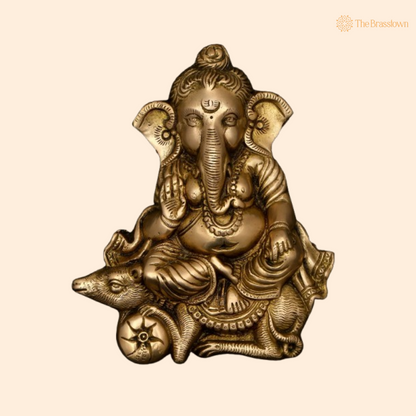 Brass Ganesha Idol with Mooshak 7 Inch