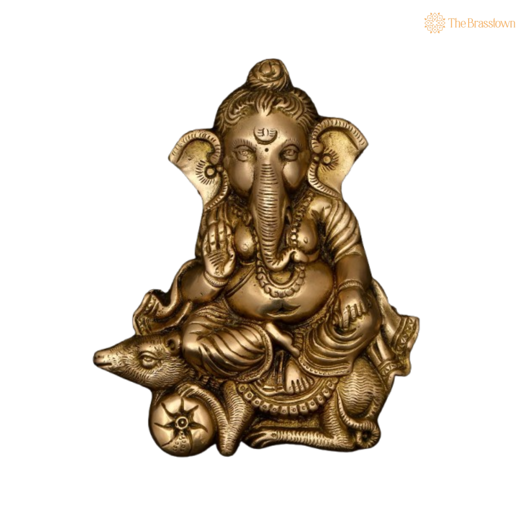 Brass Ganesha Idol with Mooshak 7 Inch