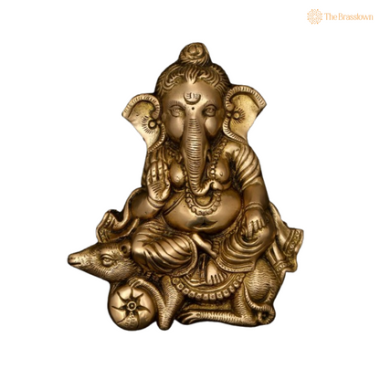 Brass Ganesha Idol with Mooshak 7 Inch