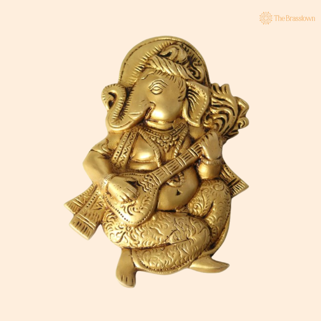 Brass Ganesha Playing Veena Idol 7 Inch