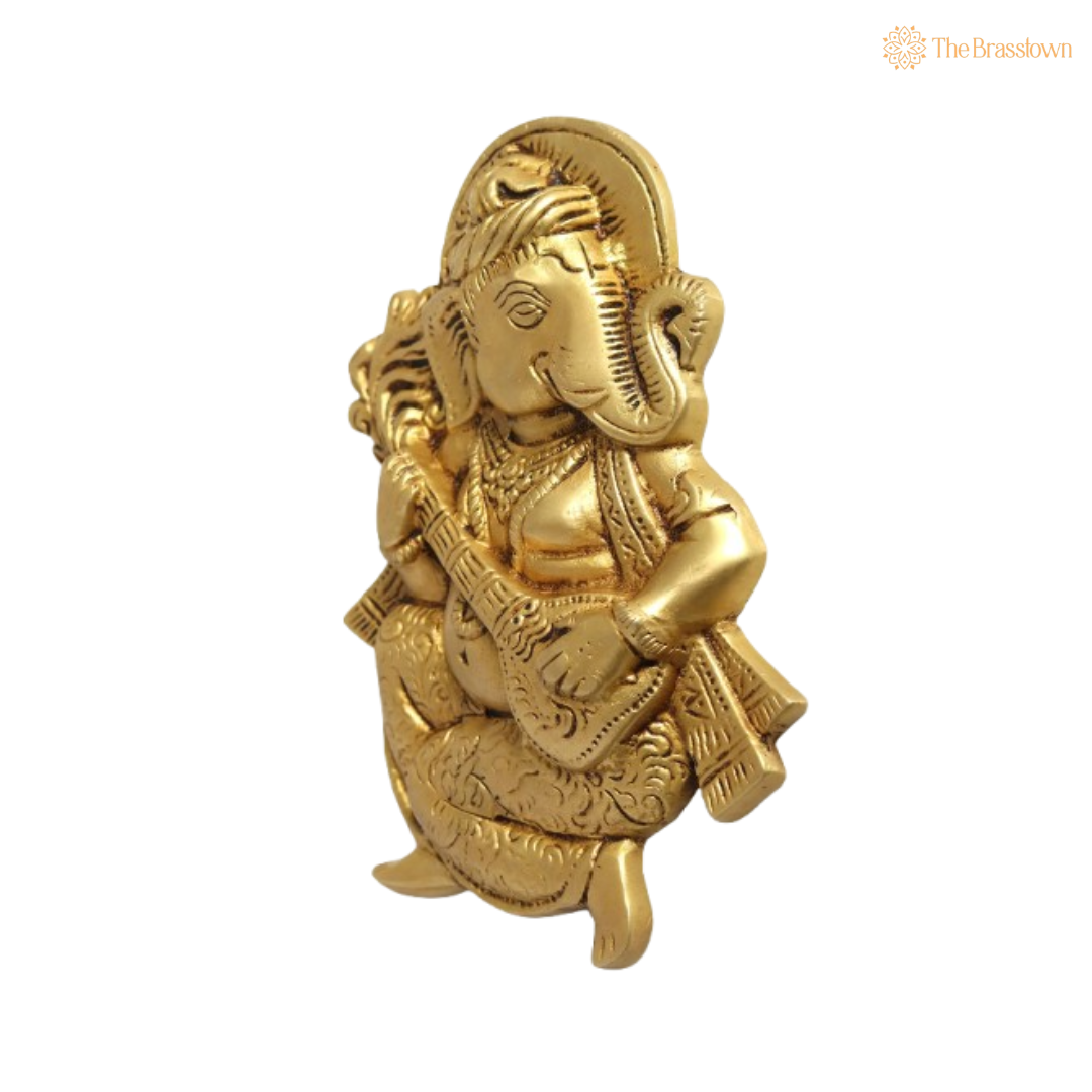 Brass Ganesha Playing Veena Idol 7 Inch