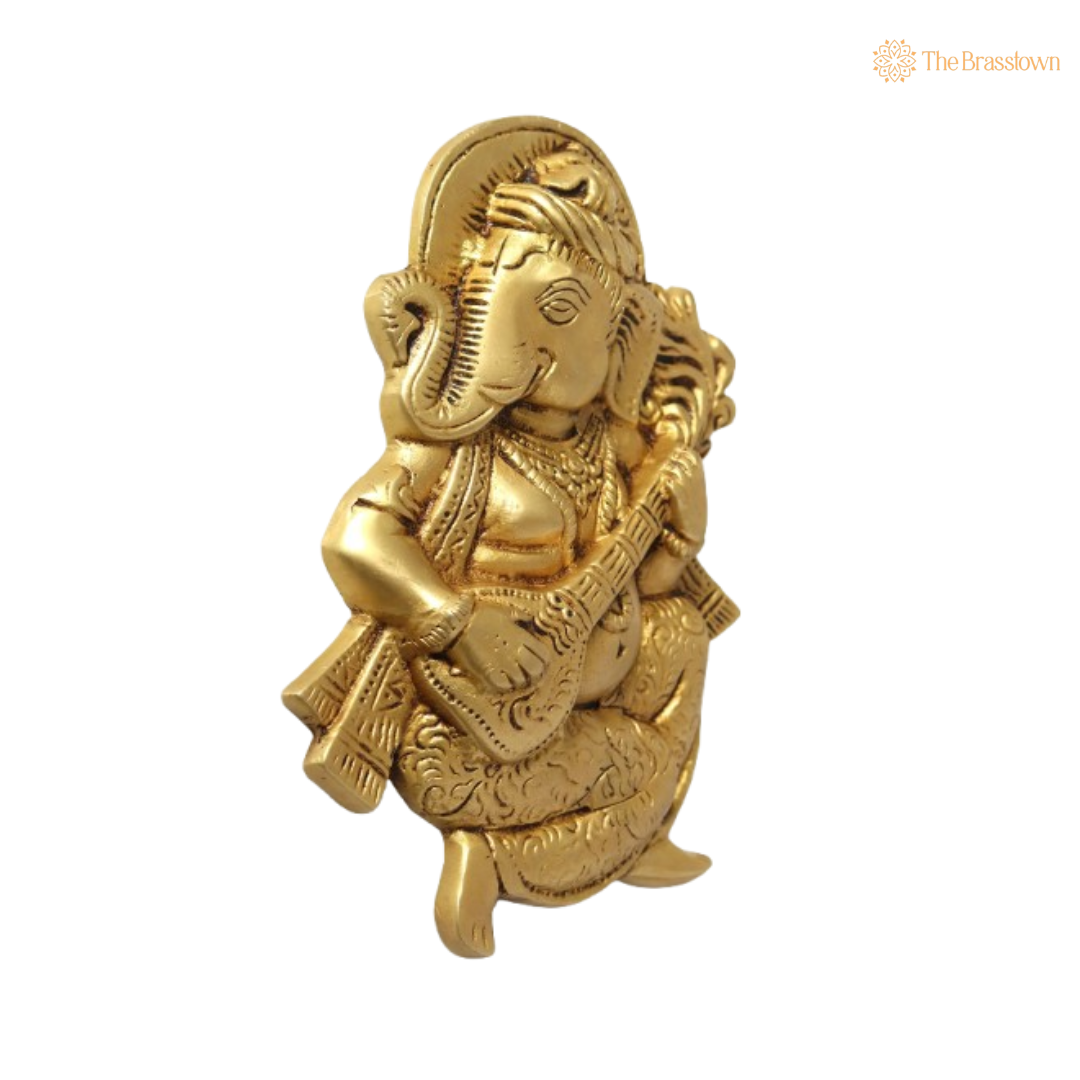 Brass Ganesha Playing Veena Idol 7 Inch