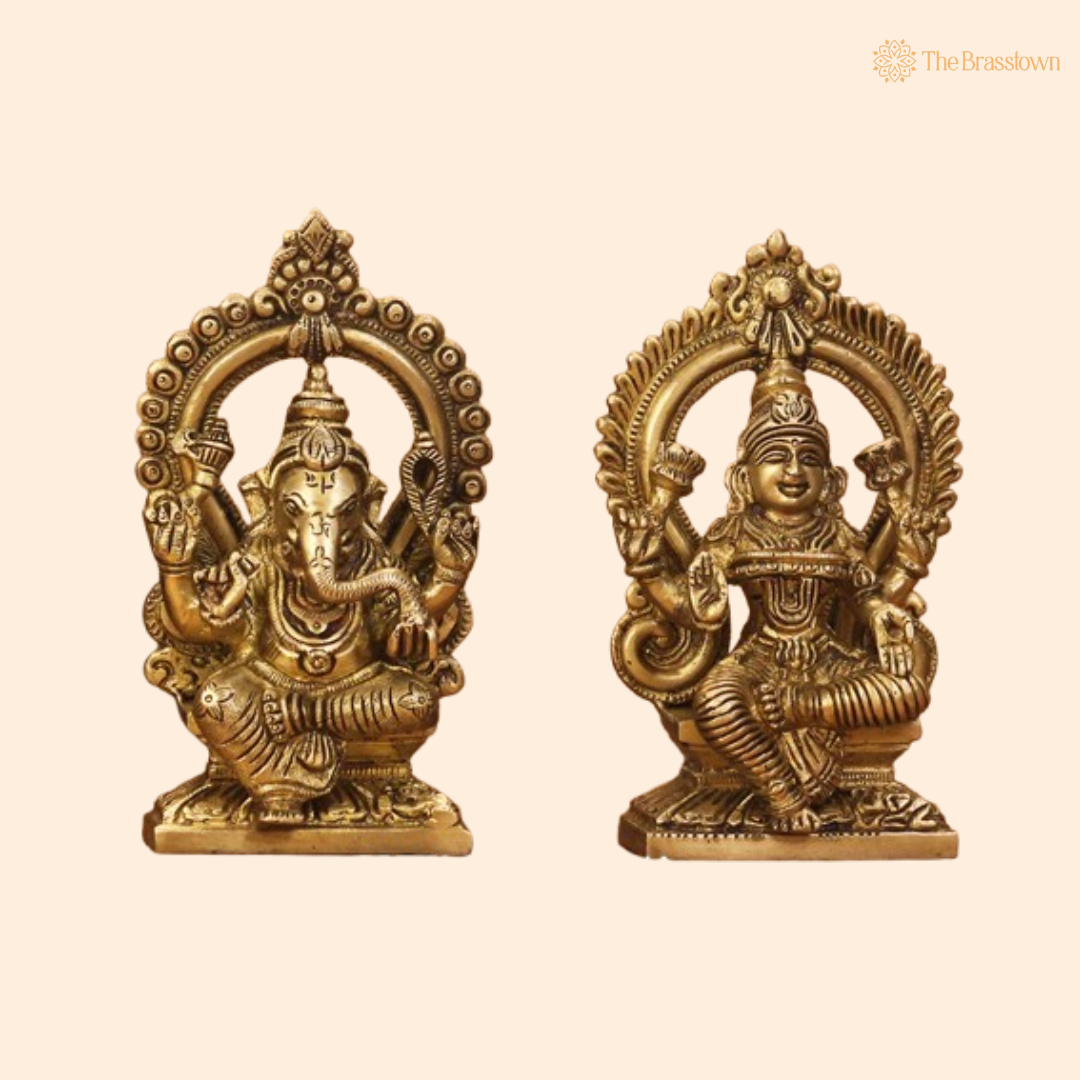 Brass Ganesha and Lakshmi Figurine Set 6 Inch