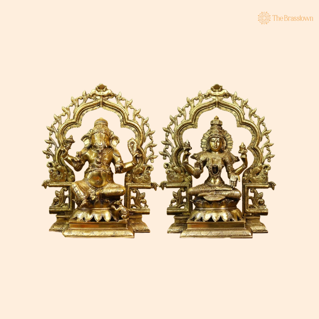 Brass Ganesha and Lakshmi Sitting Idol Set 16 Inch