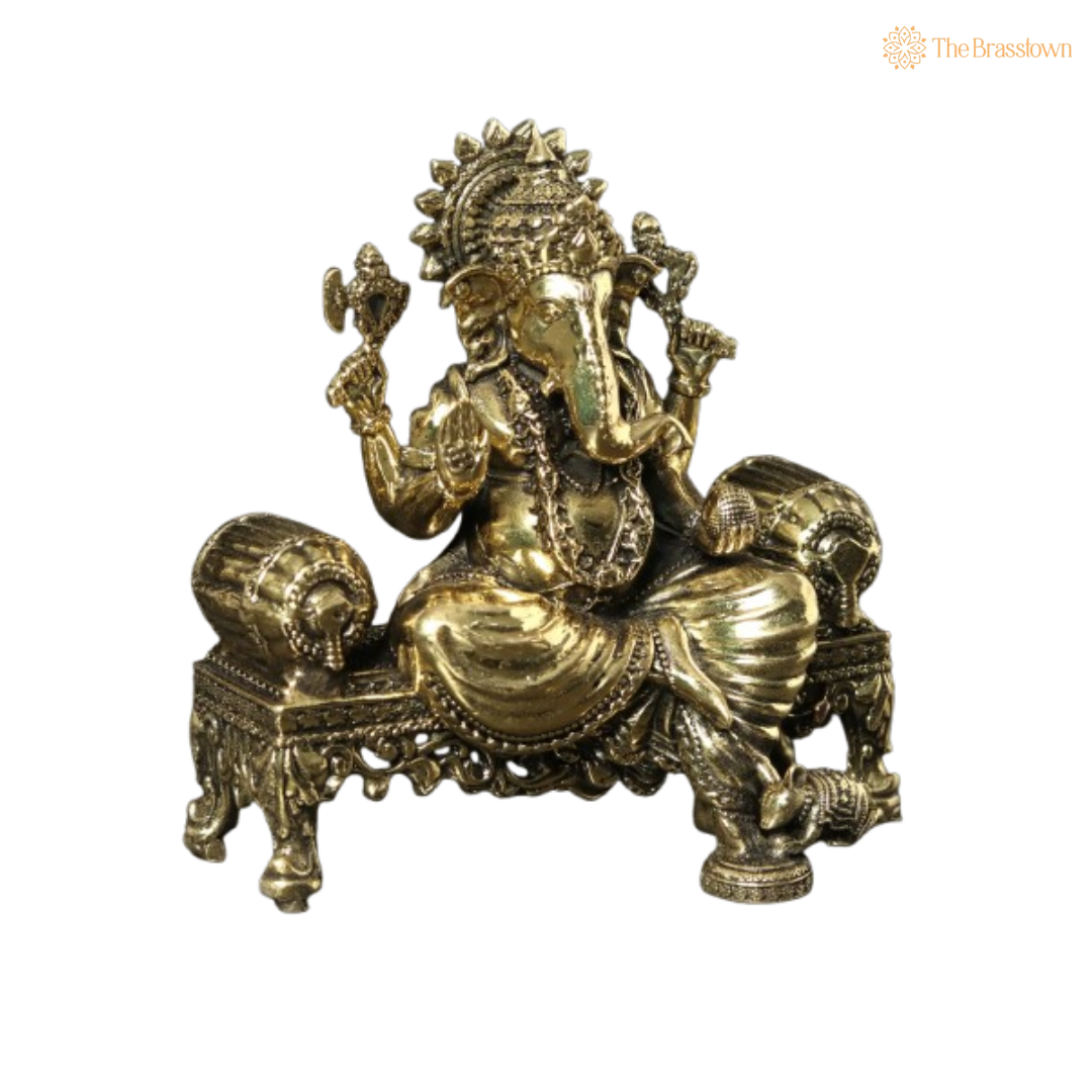 Brass Ganesha on Throne – Regal and Divine Idol 3 Inch