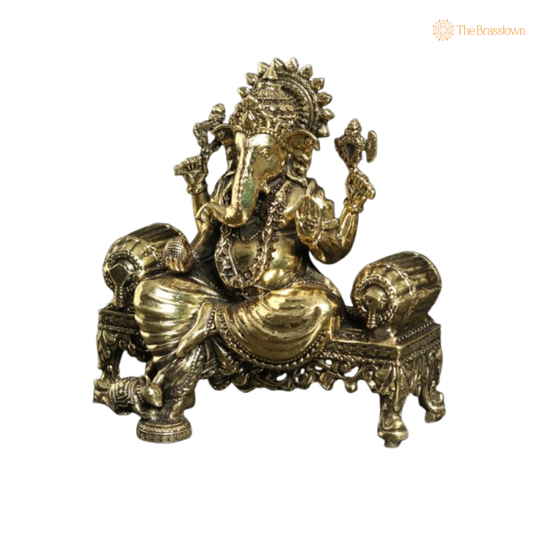 Brass Ganesha on Throne – Regal and Divine Idol 3 Inch