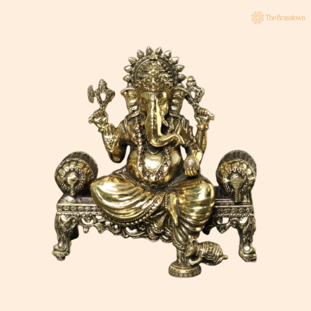 Brass Ganesha on Throne – Regal and Divine Idol 3 Inch